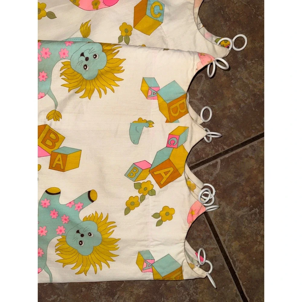 Vintage Nursery Curtains Circus Animal ABC Blocks Neon Pink Yellow Scalloped 2pc